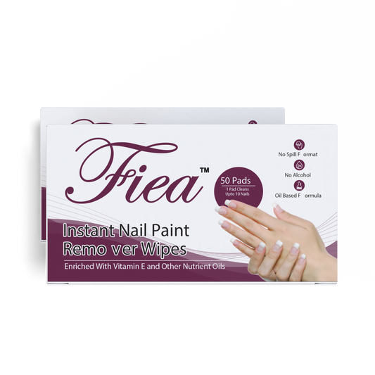 Fiea Instant Nail Paint Remover Wipes Pack of 2 (100 Pads) | Non-Staining, Acetone-Free, Strengthens Nails, Vitamin E, 100% Natural.